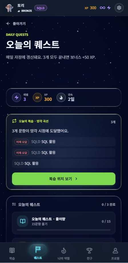 학습 결과를 바탕으로 다시 볼 약점 단원을 보여주는 나의 약점 탭